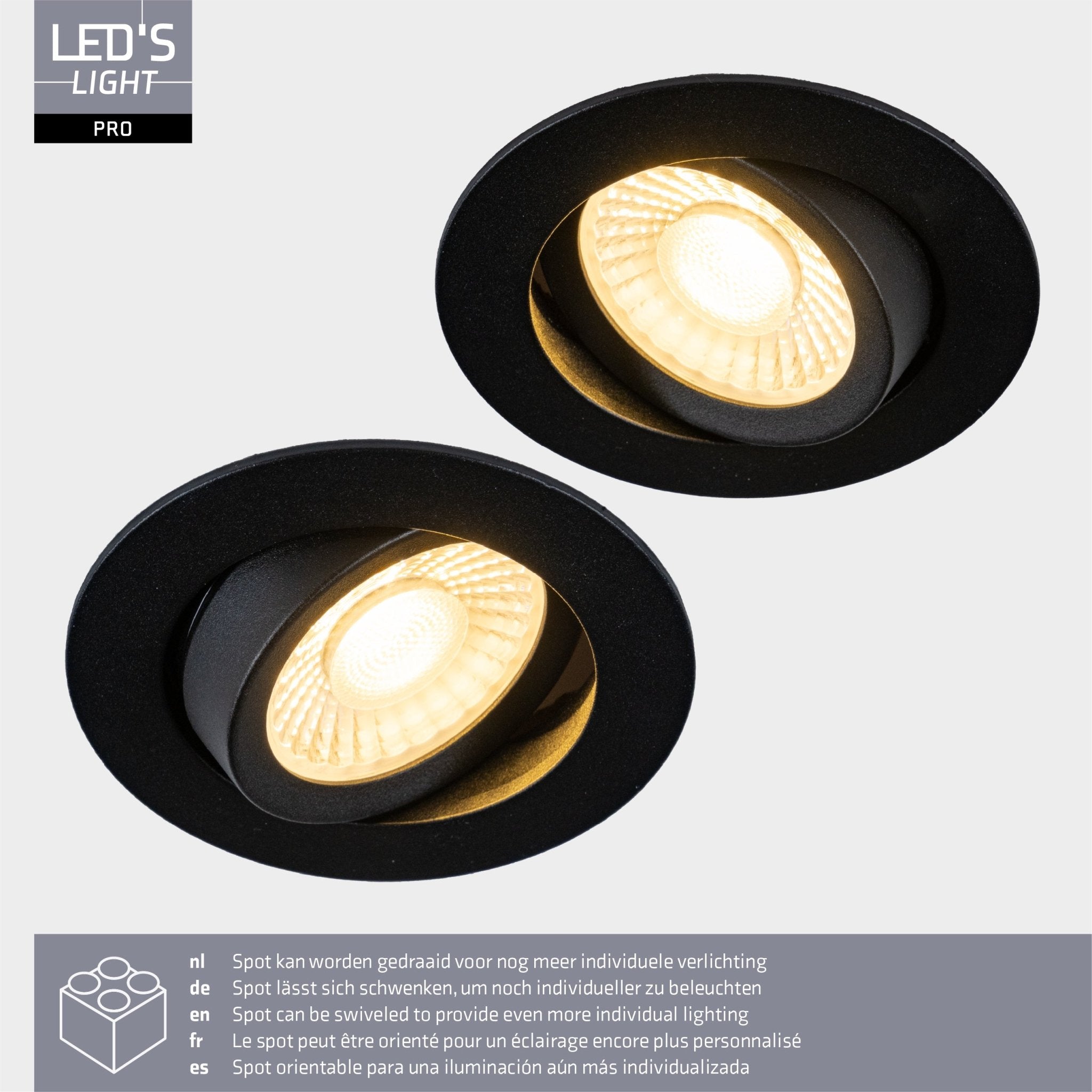 LED's Light PRO downlight inbouwspot Ø 68mm - Kantelbaar - Spatwaterdicht - Dim to Warm - Zwart Inbouwspots LED.nl