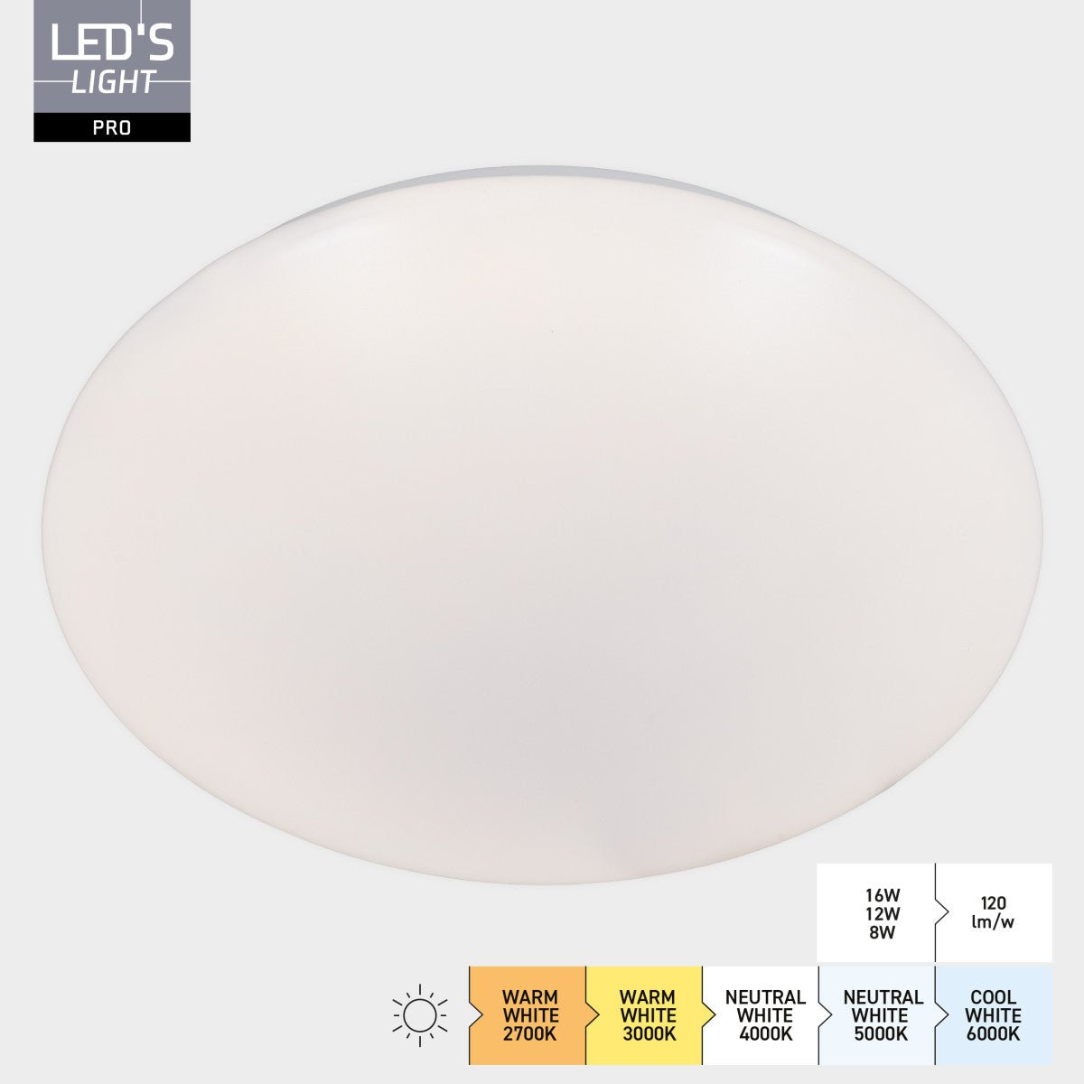 LED's Light Pro Plafondarmatuur - 16W 1920lm 2700K/3000K/4000K/5000K/6000K - Ø350mm IP54 IK08 Vermogen verstelbaar Plafondlampen LED.nl