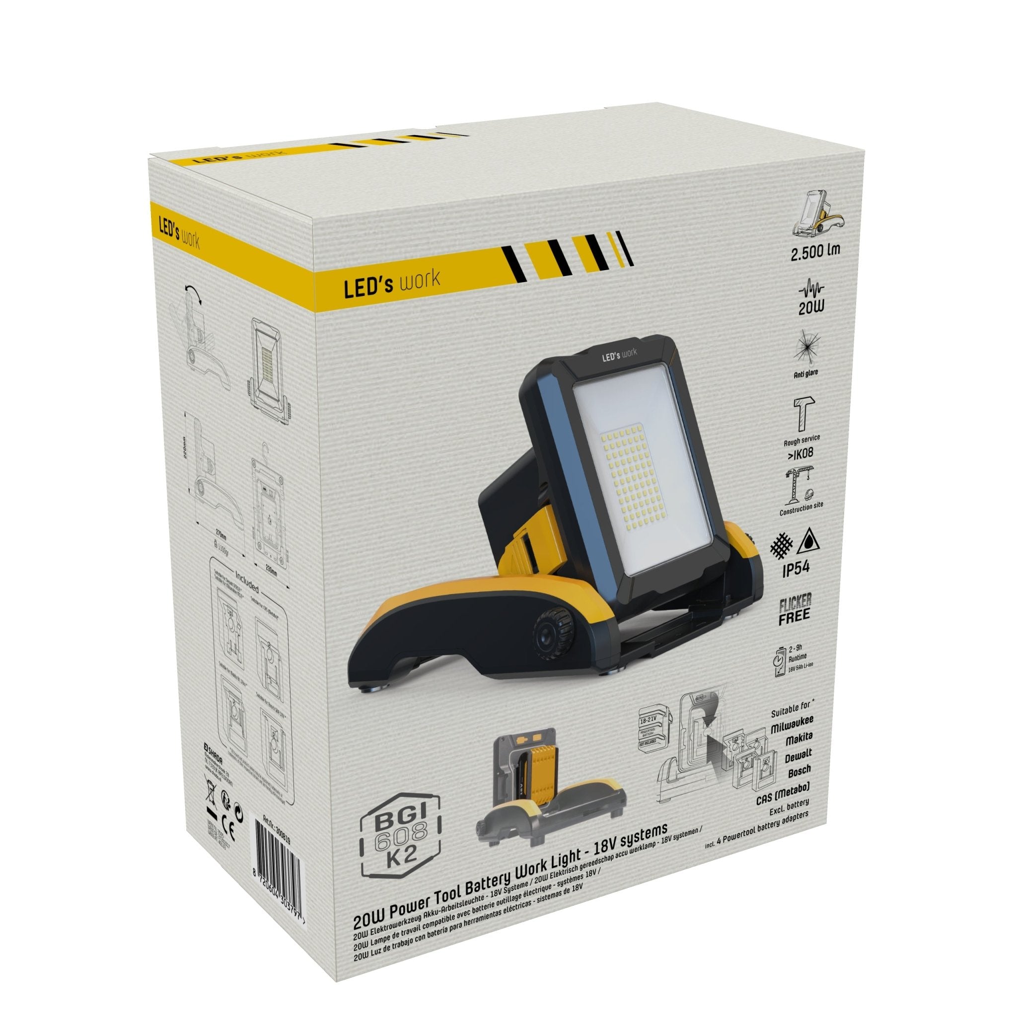 LED's Work 18V Draadloze LED Werklamp 2900 - Werkt op accu van Makita, Bosch, Dewalt, Milwaukee, Metabo – IP54 Bouwlampen LED.nl