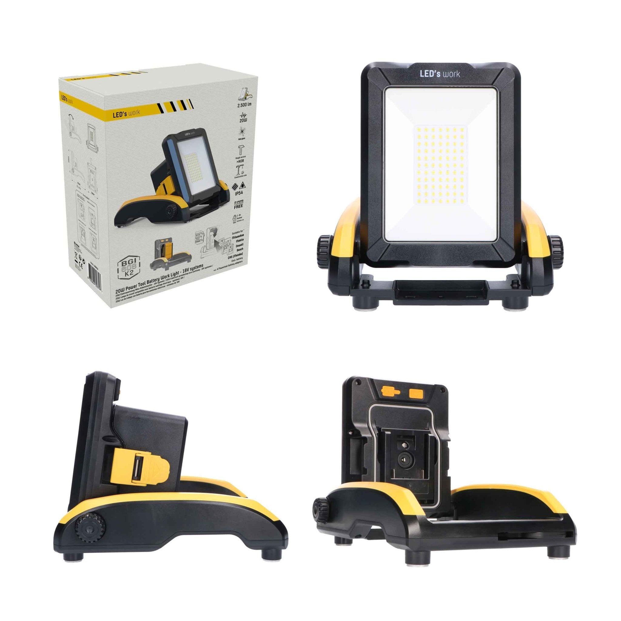 LED's Work 18V Draadloze LED Werklamp 2900 - Werkt op accu van Makita, Bosch, Dewalt, Milwaukee, Metabo – IP54 Bouwlampen LED.nl