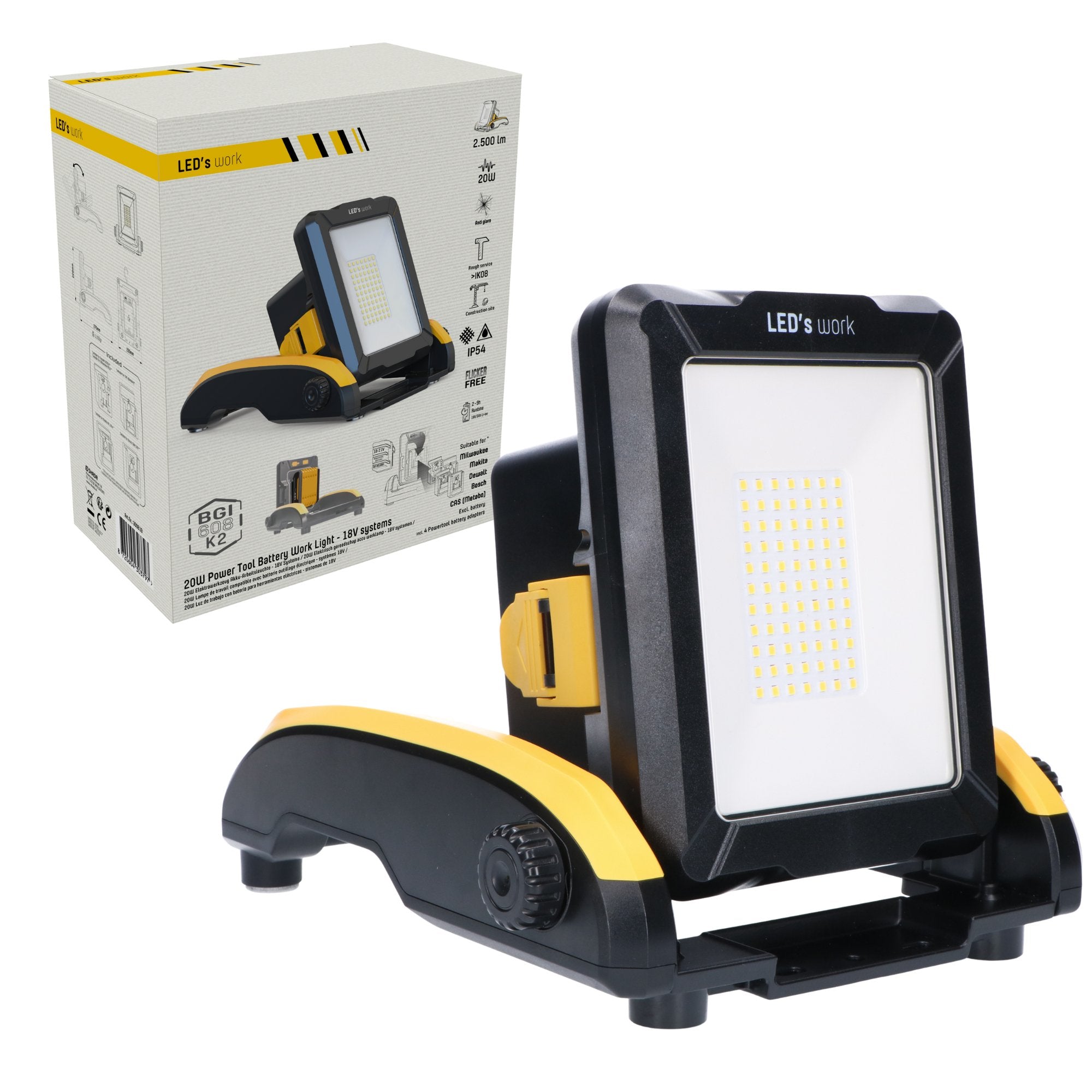 LED's Work 18V Draadloze LED Werklamp 2900 - Werkt op accu van Makita, Bosch, Dewalt, Milwaukee, Metabo – IP54 Bouwlampen LED.nl