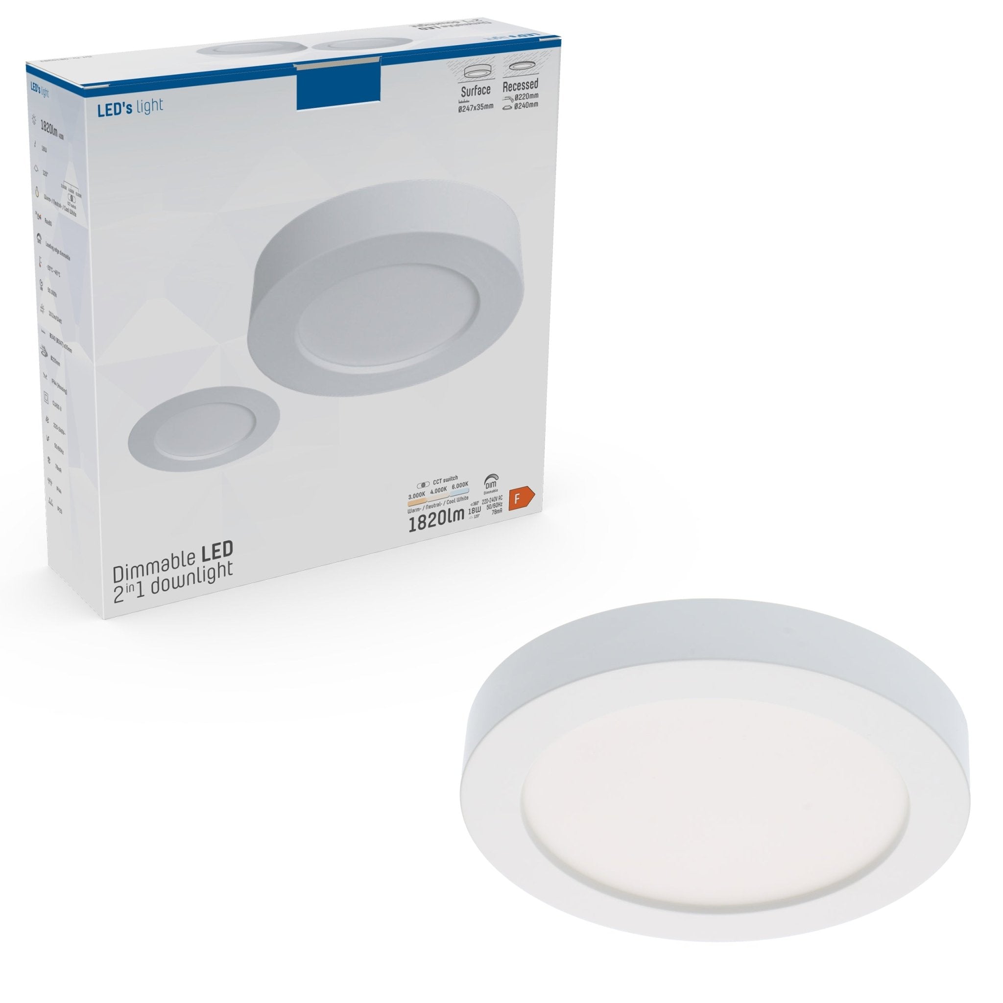 LED's Light Inbouw/Opbouw LED Plafondlamp Downlight - Dimbaar - 18W – 1820 lm – Ø240 mm – Zaagmaat Ø 220mm | CCT 3000K / 4000K / 6000K - Wit Plafondlampen LED.nl