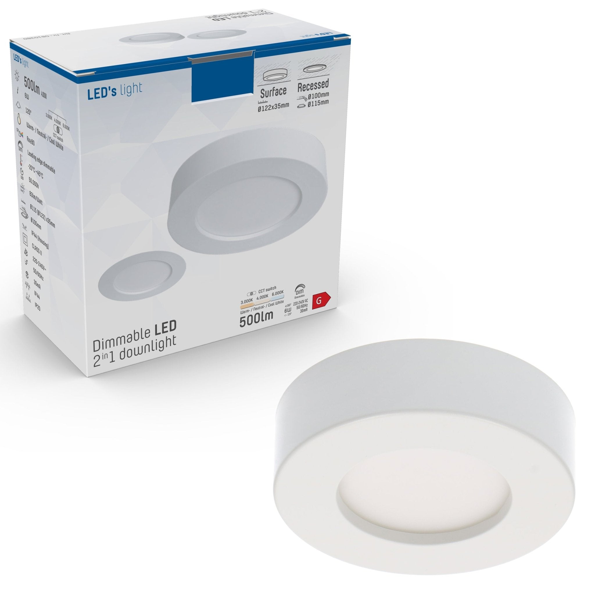 LED's Light LED Inbouwspot 6W 500lm CCT 3000K/4000K/6000K – Zaagmaat Ø 100mm – Wit – Dimbaar Spotjes LED.nl