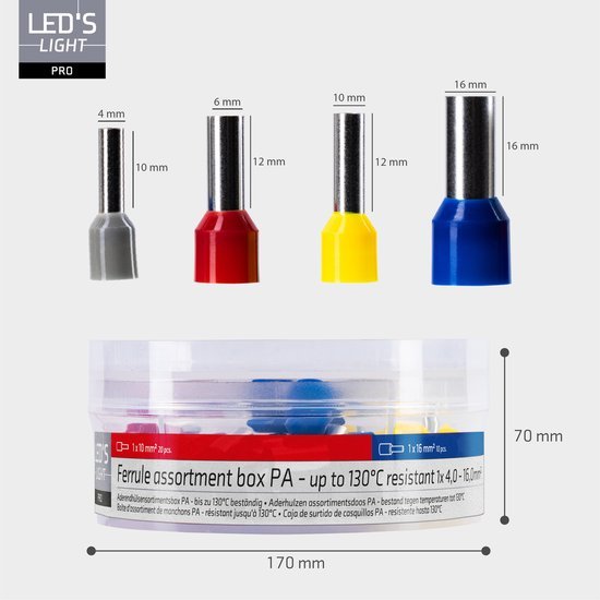 Adereindhulzen assortiment set - 5 Maten van 4mm² tot 16mm²- 225 Stuks Snoeren LED.nl