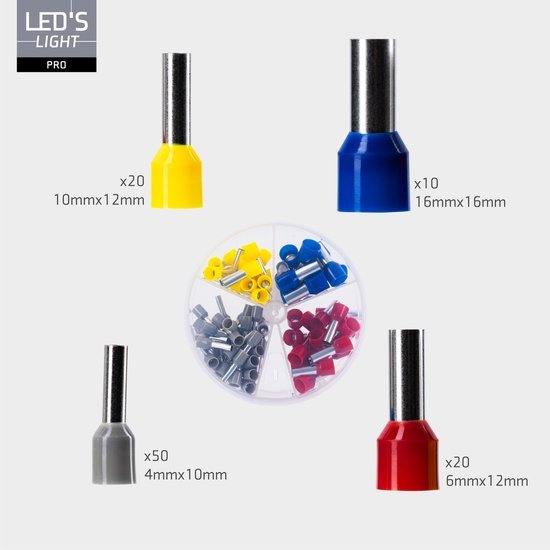 Adereindhulzen assortiment set - 5 Maten van 4mm² tot 16mm²- 225 Stuks Snoeren LED.nl