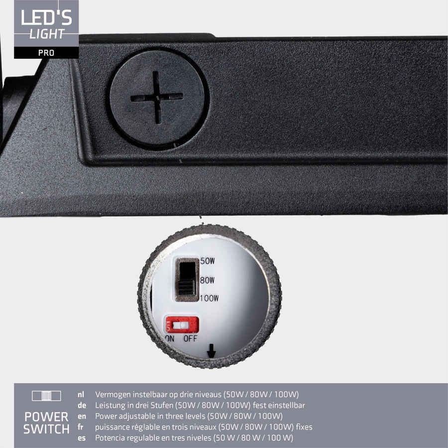 LED's Light pro Professionele LED Schijnwerper 18500 - 3 lichtstanden - Waterdicht - 100 watt - Daglichtsensor Schijnwerpers LED.nl