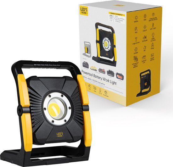 LED's Work 18V Acculamp Werklamp - Incl Adapters - LED Werklamp 5000lm – Klasse 3 • IP54 • IK08 • Dimbaar • Compatibel met Makita, Bosch, DeWalt & Metabo Bouwlampen LED.nl