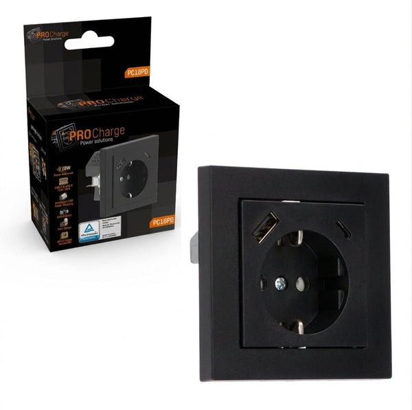 ProCharge Wandcontactdoos met USB-C en USB snelladers - Universeel - Zwart - LED.nl
