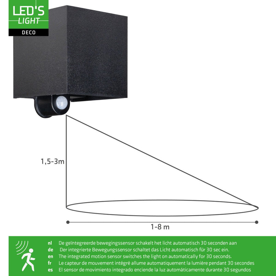 Lumo Qube Sensor Wandlamp Buitenlamp met lichtbron - 380lm 1800K - Zwart Wandlampen LED.nl