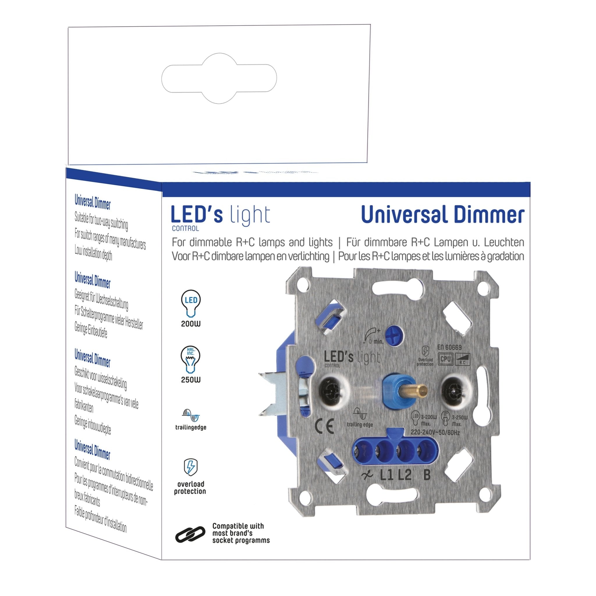 Universele LED draai dimmer tot 250 watt - Geschikt voor alle dimbare lampen - 2 draads - LED.nl