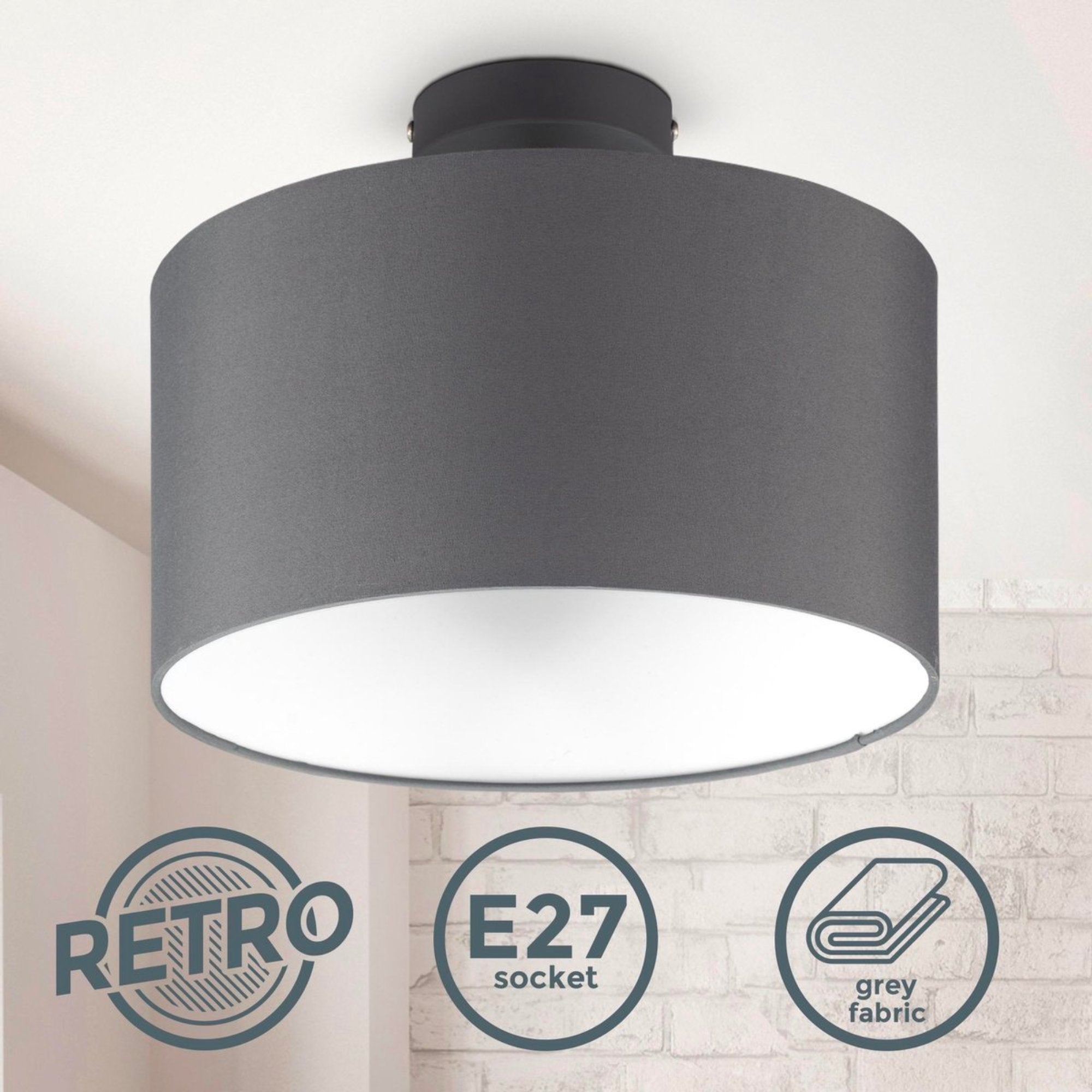 B.K.Licht - Decoratieve plafondlamp - Ø30cm - Grijs/wit - Metaal, hout en stof - Ronde plafonnière - E27 fitting - Excl. lichtbron LED.nl
