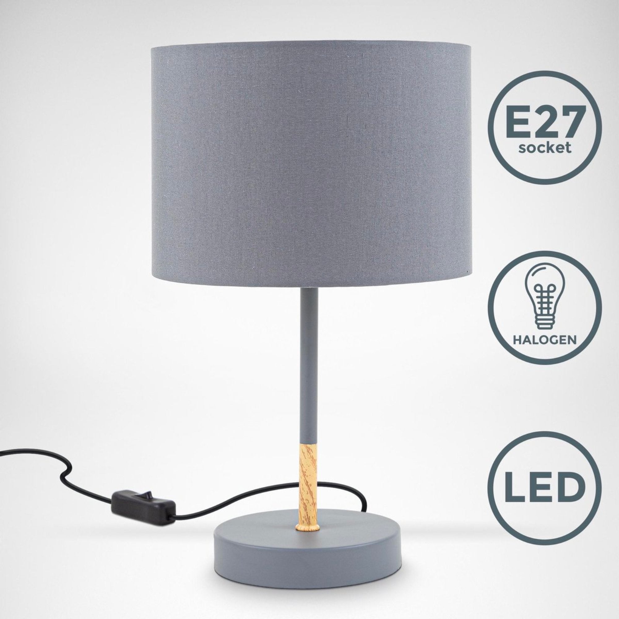 B.K.Licht - Grijze tafellamp - Metaal & stof - Met kap - Scandinavische bedlamp - Slaapkamer lamp - E27 fitting - Excl. lichtbron LED.nl