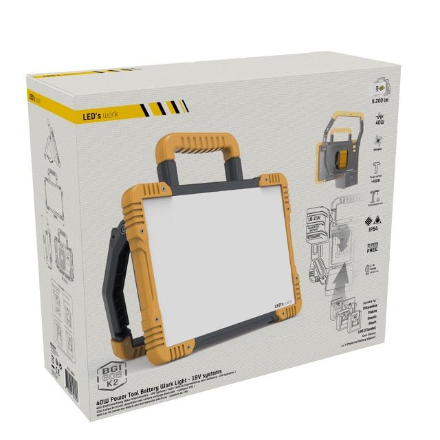 LED's Work Cordless LED Construction Lamp 5200 - Works on batteries from Makita, Bosch, Dewalt, Milwaukee, Metabo - IP54 - LED.nl