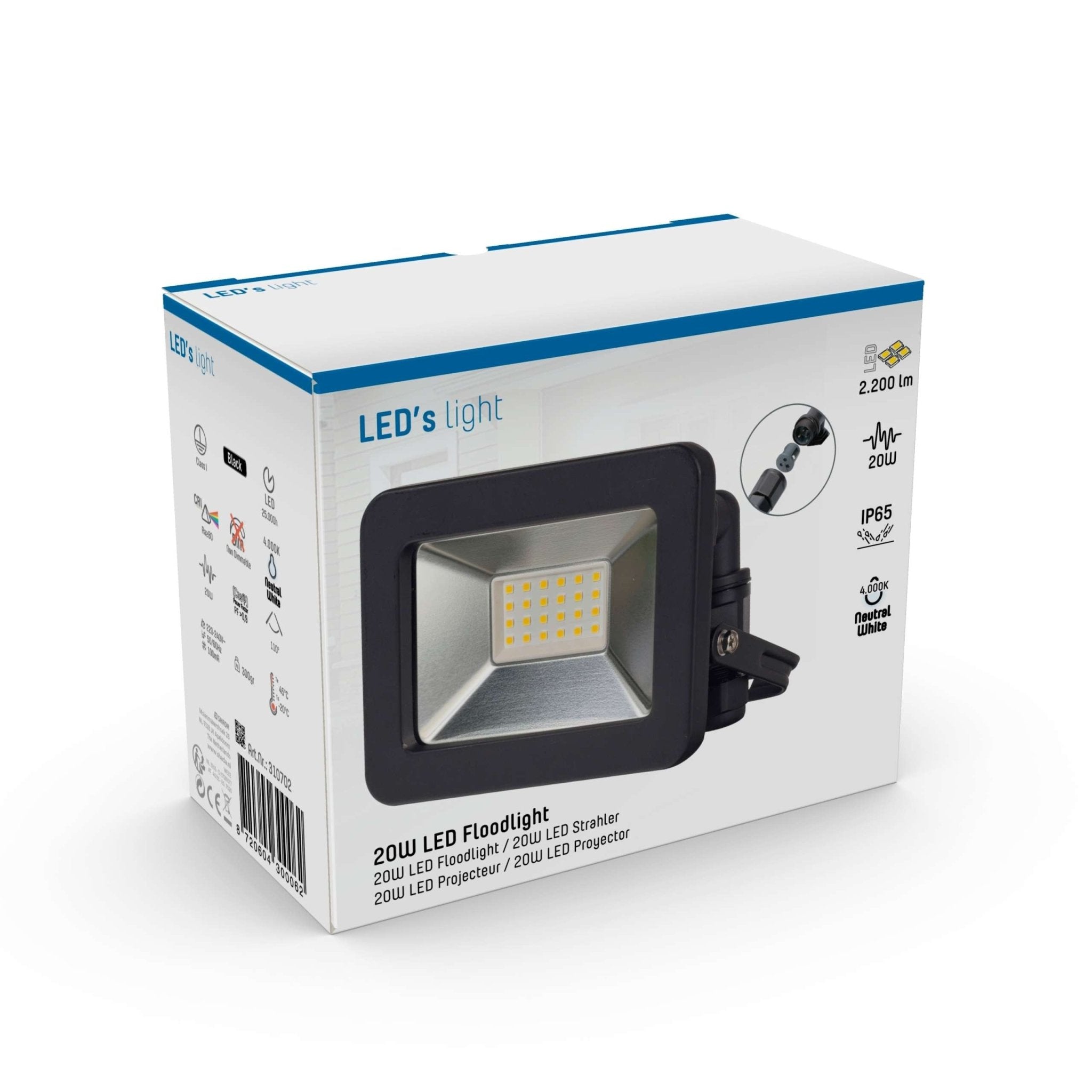 LED's Light Verstralers 2200 - Waterdicht IP65 - 20W - Zwart Schijnwerpers LED.nl