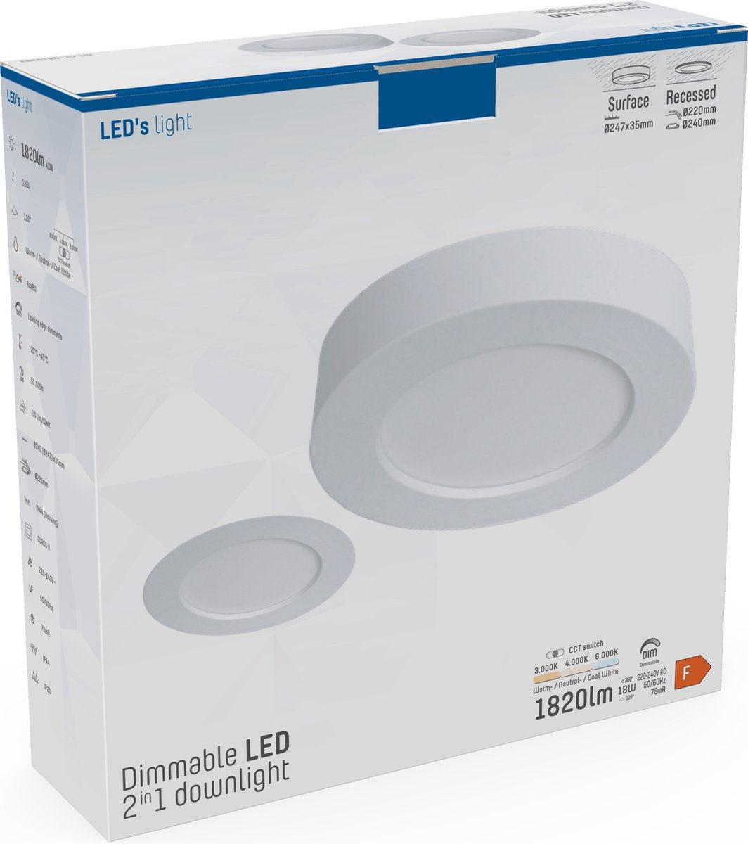 Inbouw/Opbouw LED Plafondlamp Downlight 18W – 1820 lm – Ø240 mm – White | 3000K / 4000K / 6000K Plafondlampen LED.nl