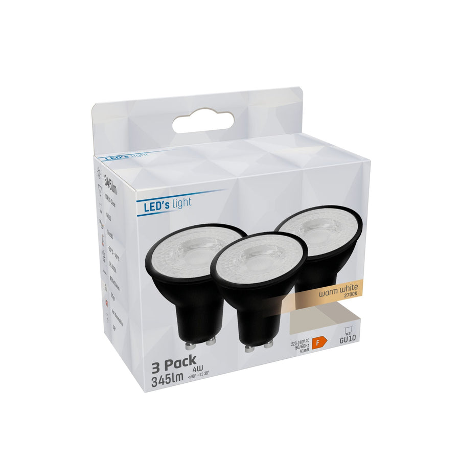 GU10 LED Spots zwart - Warm wit licht - 4W/50W - 345 lm - 3PACK Spotjes LED.nl