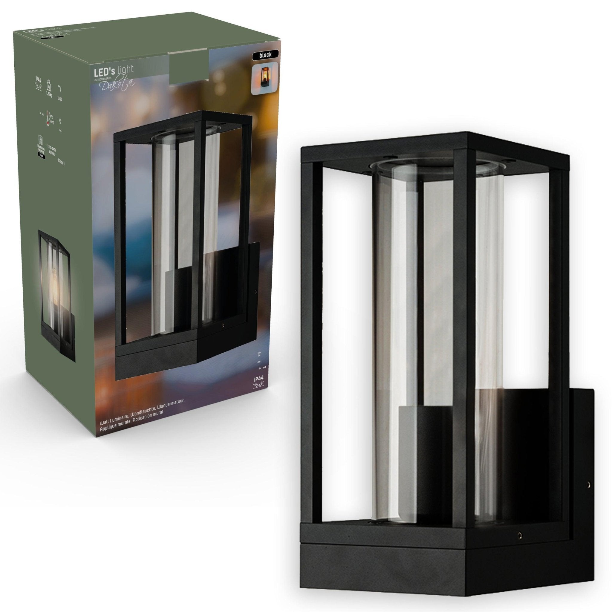 LED Wandlamp met glazen ruiten - Rechthoek - E27 fitting - IP44 - Zwart - LED.nl