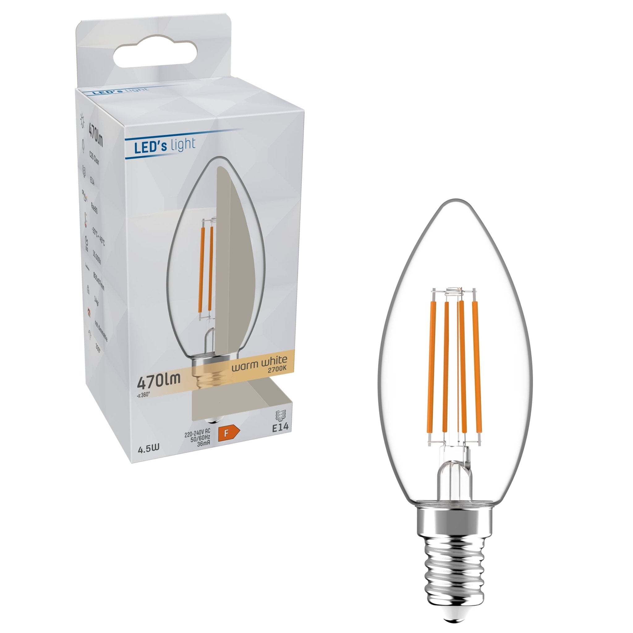 LongLife LED Filament Lamp Kaars E14 - Helder - Warm wit - 4.5W vervangt 40W - LED.nl