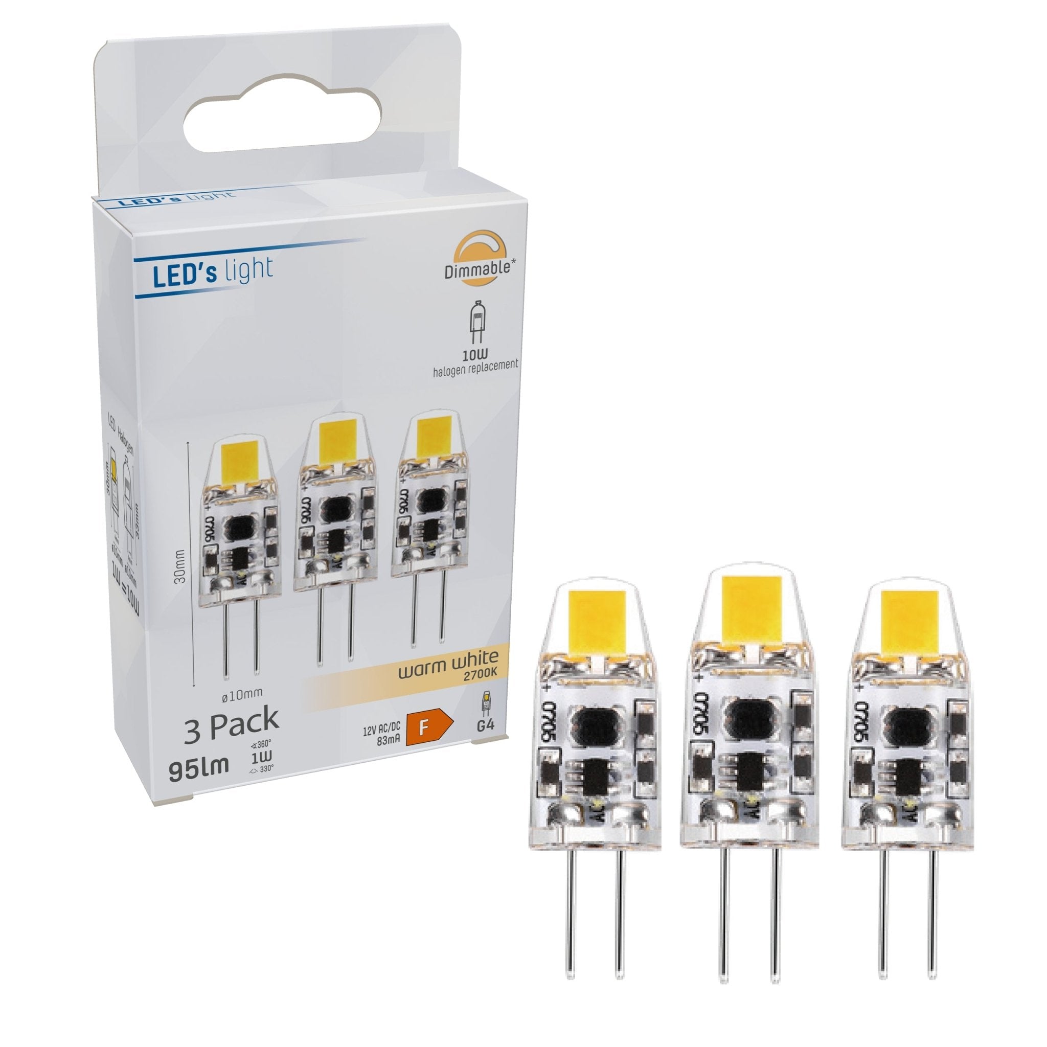 G4 LED Lampen - 12V - 1W vervangt 10W - Warm wit licht - 3PACK Dimbare steeklampjes LED.nl