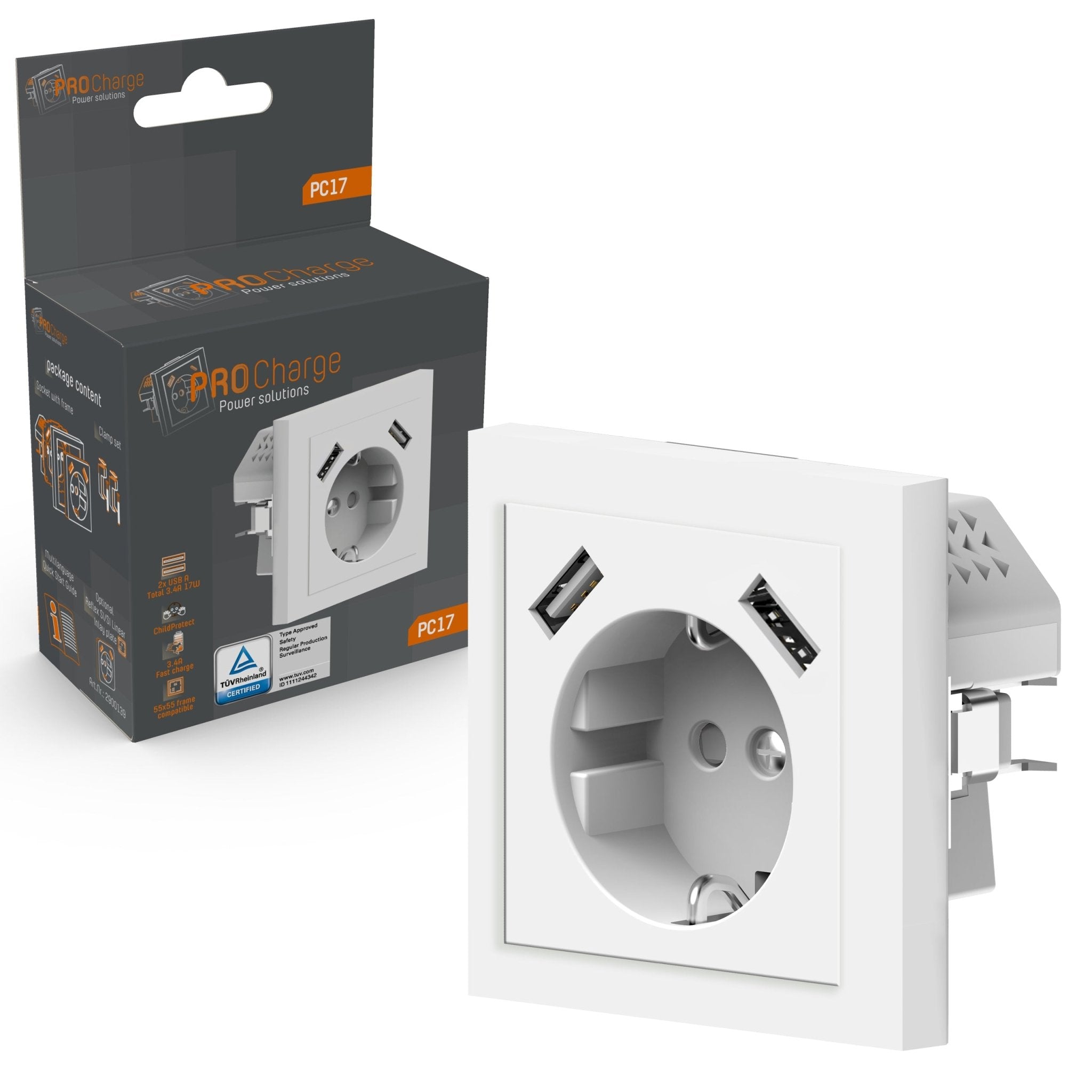 ProCharge Wandcontactdoos met 2 USB snelladers - Universeel - Wit - RAL9010 Stekkers LED.nl