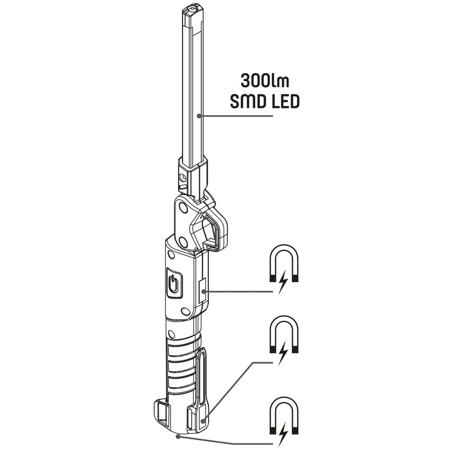 LED's Work Oplaadbare Looplamp 300 - Inspectielamp - Inklapbaar & Draadloos - Met magneet en haak Bouwlampen Led.nl