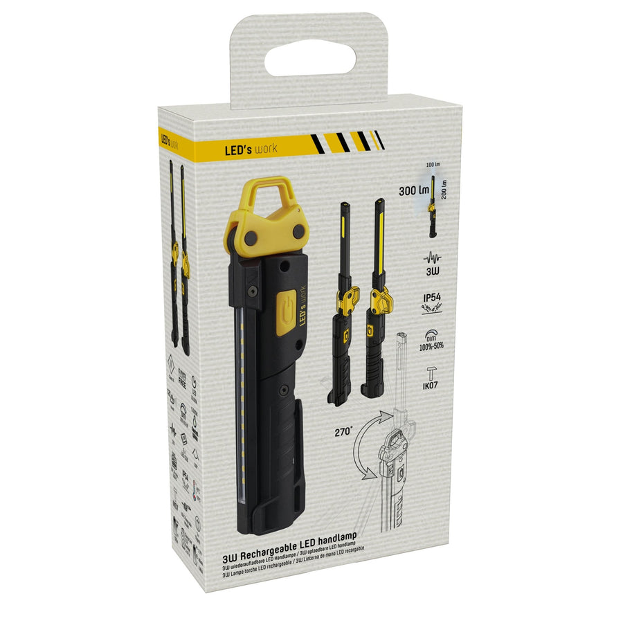 LED's Work Oplaadbare Looplamp 300 - Inspectielamp - Inklapbaar & Draadloos - Met magneet en haak Bouwlampen Led.nl
