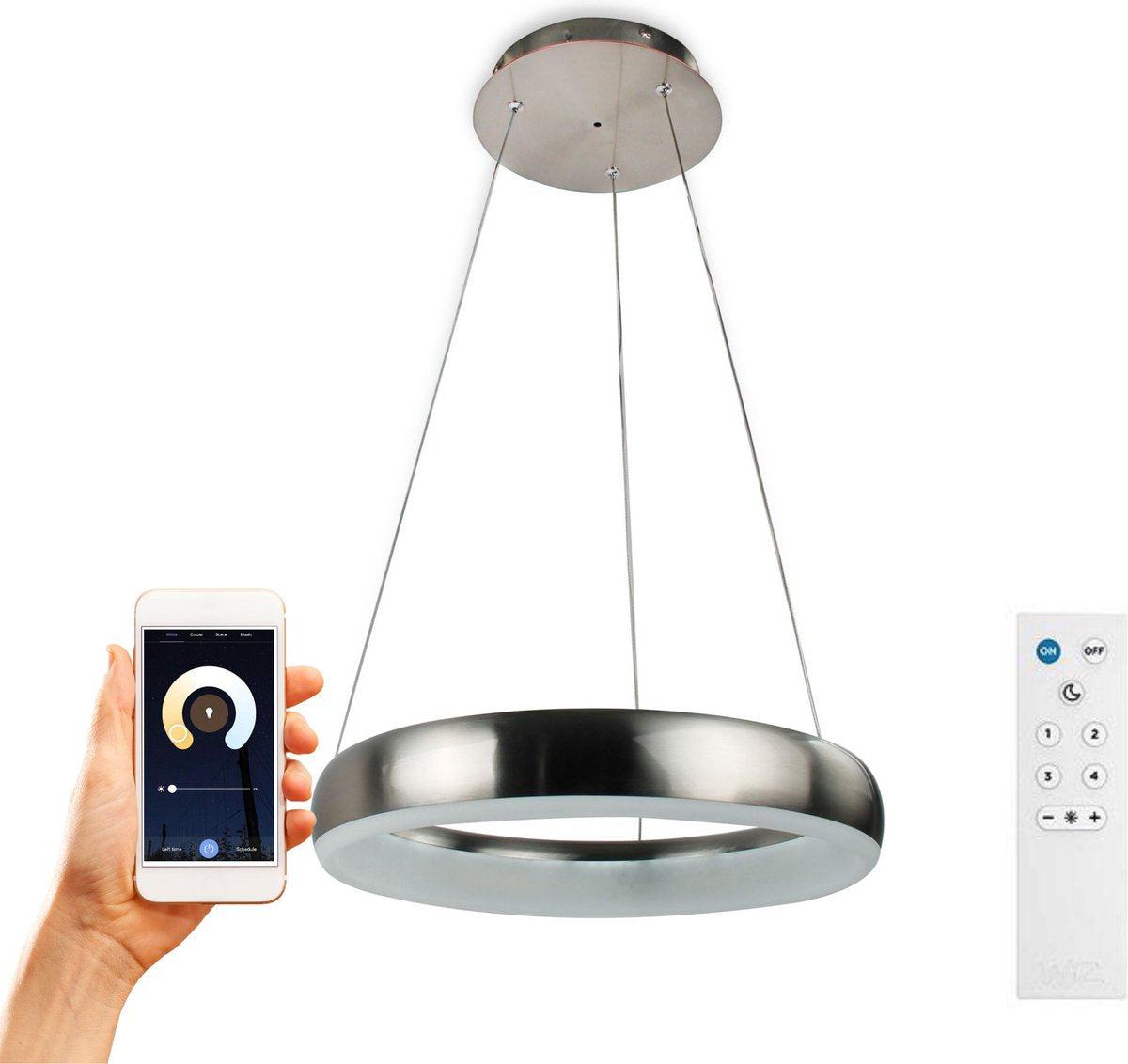 Smart LED Hanglamp rond 40 cm - Bedienbaar met afstandsbediening en app - White & Color - Zilver Hanglampen LED.nl